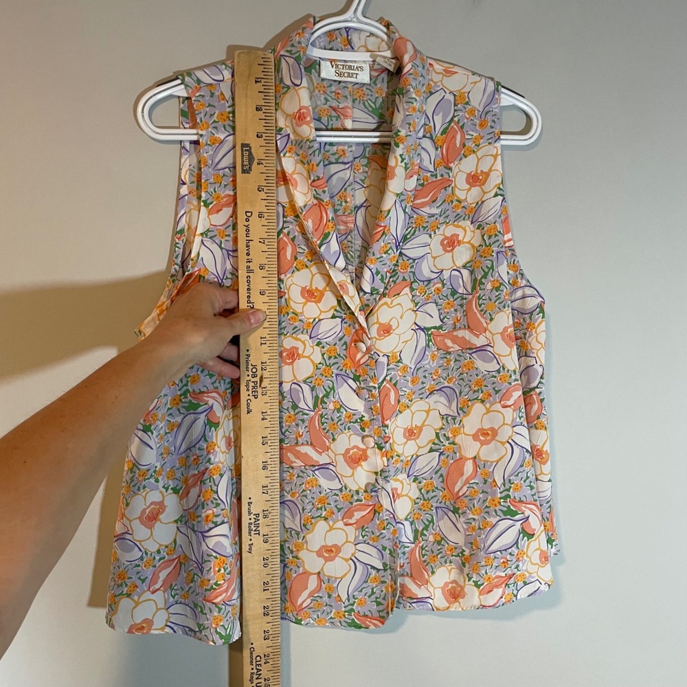 VTG Victorias Secret Floral Sleeveless Blouse L Orange Purple Cottagecore FLAW - Picture 5 of 7